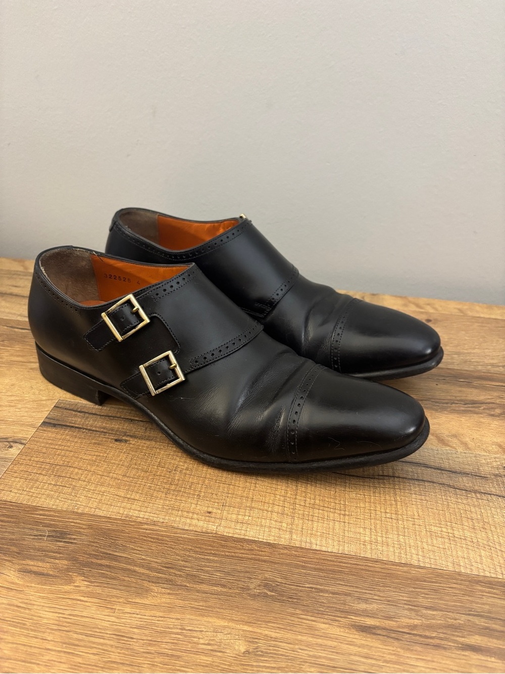 Santoni Black Calf Leather Monk Strap Shoes Black 9.5 D